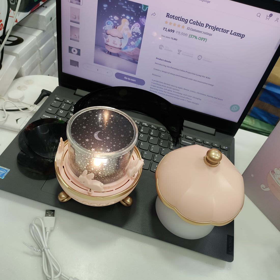 Rotating Cabin Projector Lamp: Enchanting Night Light with Music and Visual Effects