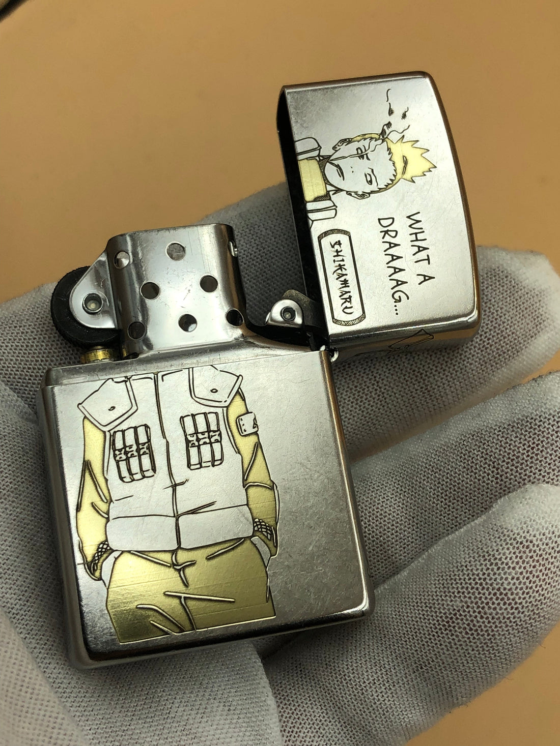 Custom Zippo Lighter – Shikamaru Nara Design | Deep Engraving, Natural Gold Polish | Anime | Street Chrome 207 | Made in USA