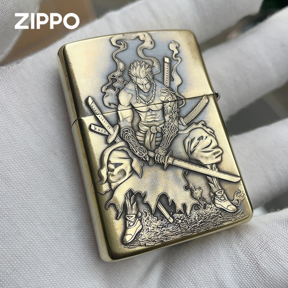 Ro.ro.n.oa Zo.ro O.ne P.ie.ce 3D Zippo Lighter – Pure Copper Samurai Relief, Windproof Kerosene Refillable Collectible Gift for Men