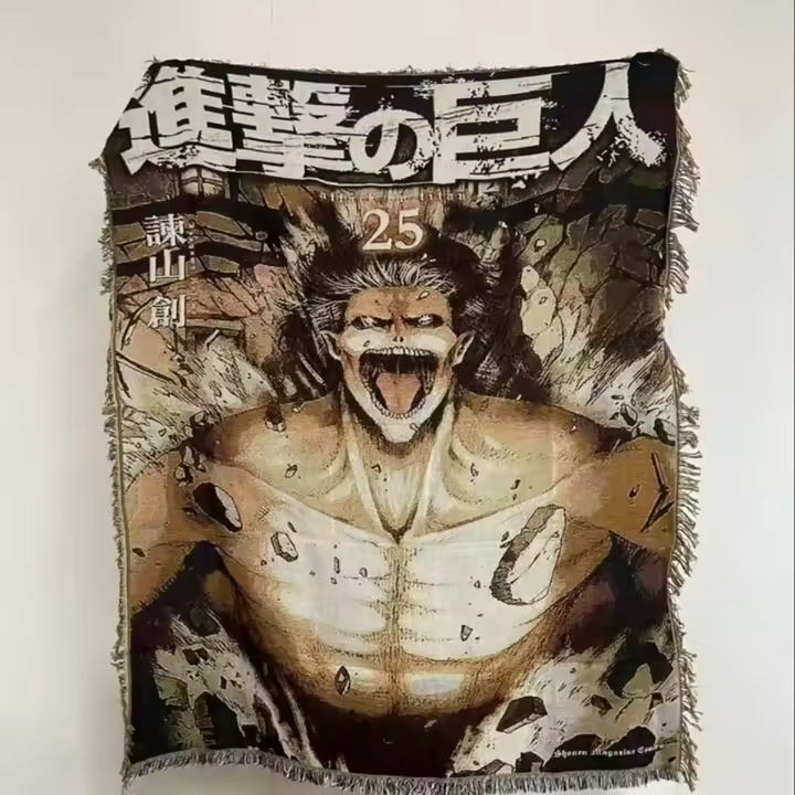 Attack on Titan woven blanket featuring Jaw Titan from manga volume 25 cover, anime throw blanket for fans