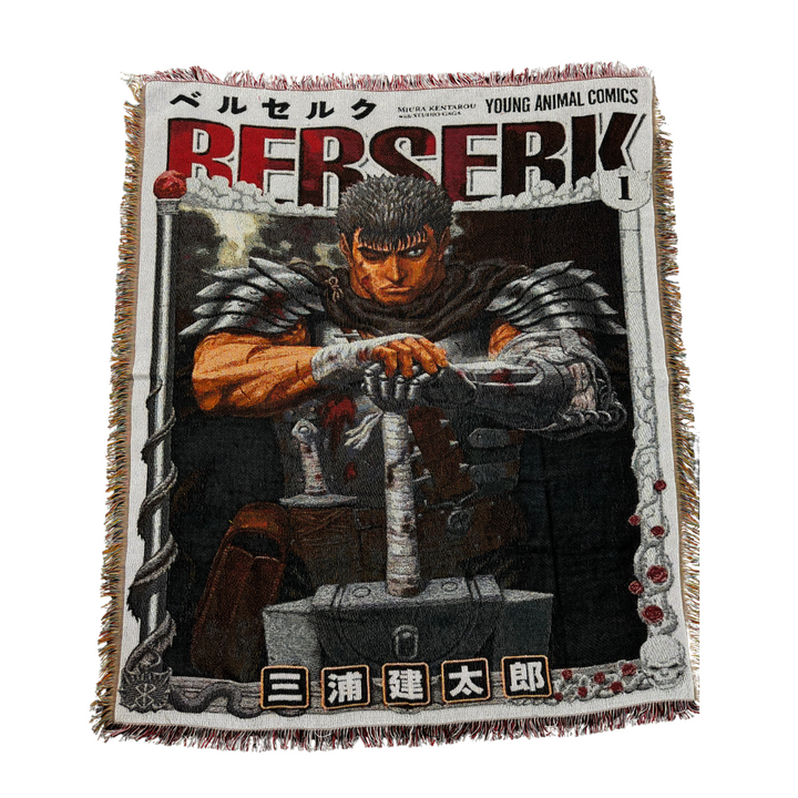 Berserk woven blanket featuring Guts on Young Animal Comics cover design, anime dark fantasy throw blanket
