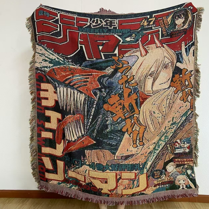 Chainsaw Man woven blanket featuring Denji and Power in manga cover style from Weekly Shonen Jump, anime throw blanket for fans

