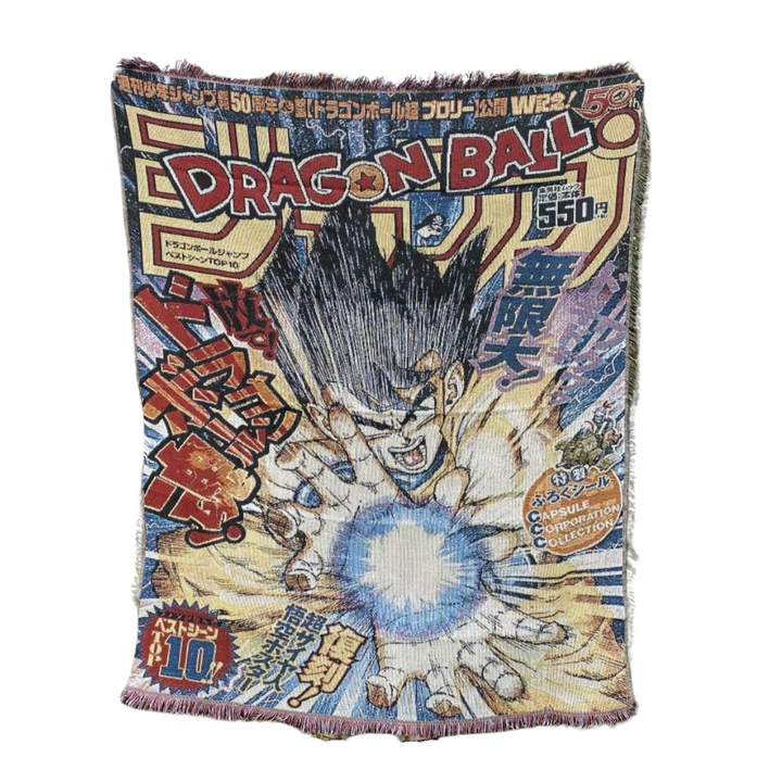Dragon Ball woven blanket featuring Goku in manga cover style, anime throw with vibrant colors and Japanese text