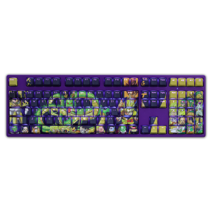 Custom Dragon Ball keyboard with Shenron, Goku, Vegeta, and Piccolo anime keycaps on purple and green background