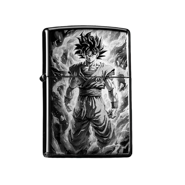 Black ice Zippo lighter featuring engraved Goku Super Saiyan design from Dragon Ball Super anime, collectible front view