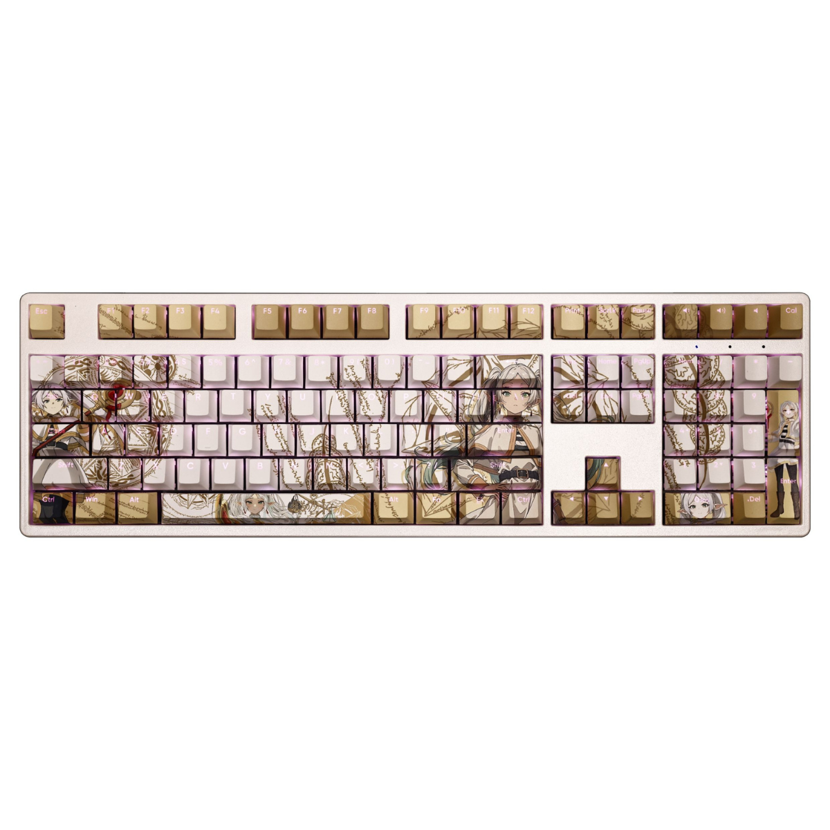 Custom anime keyboard with Frieren keycaps featuring characters and floral designs from Beyond Journey's End

