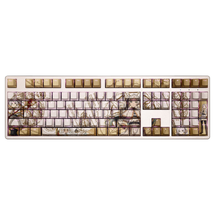Custom anime keyboard with Frieren keycaps featuring characters and floral designs from Beyond Journey's End

