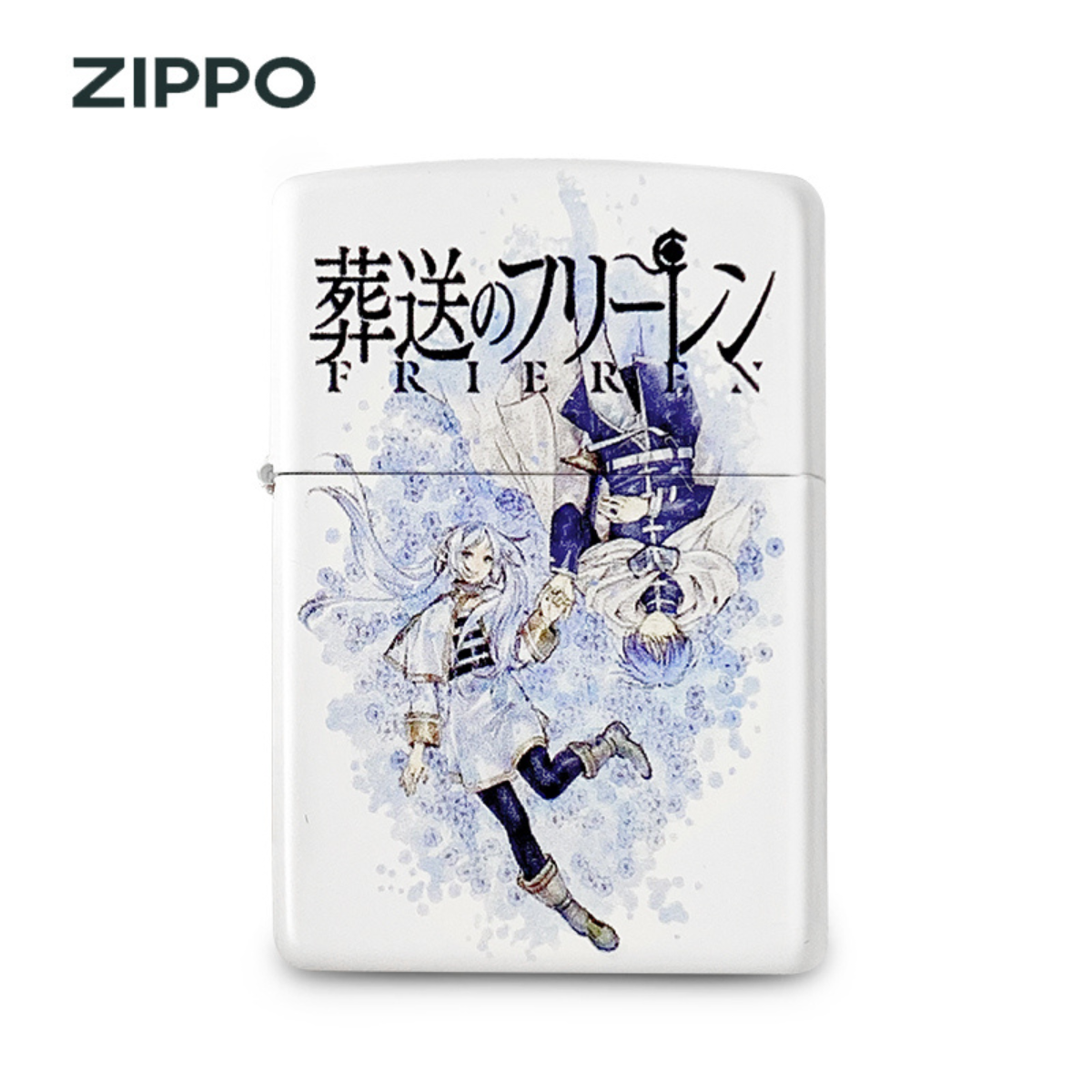 Front view of printed Zippo lighter featuring Frieren and Himmel from anime Beyond Journey's End, full-color anime artwork on white lighter
