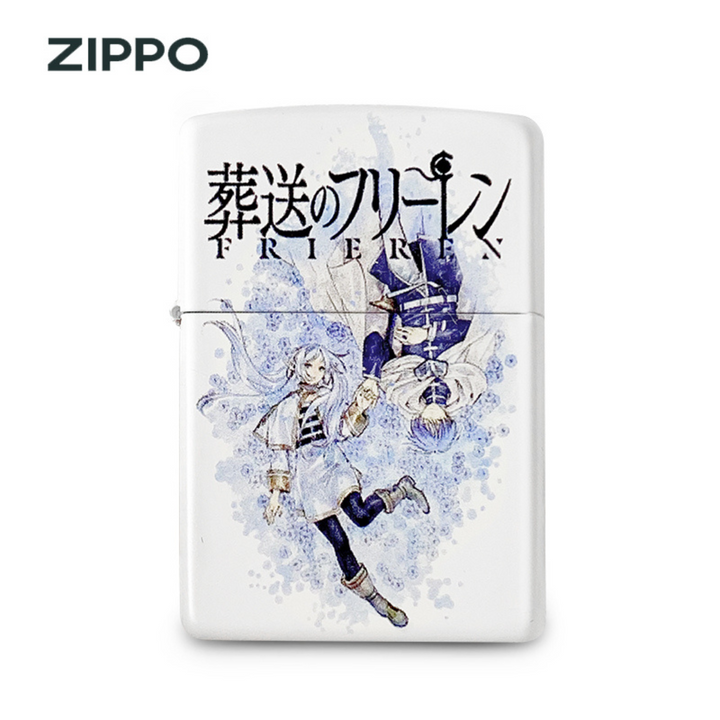 Front view of printed Zippo lighter featuring Frieren and Himmel from anime Beyond Journey's End, full-color anime artwork on white lighter
