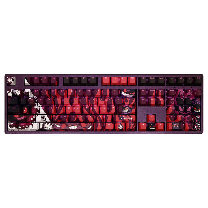 Custom keyboard with Gengar Pokémon keycaps in red and purple design, anime gaming setup accessory for fans