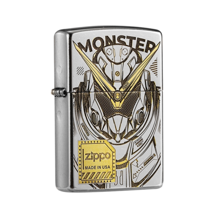 Front view of Zippo lighter with Gundam-inspired mecha design, gold accents, and Monster text