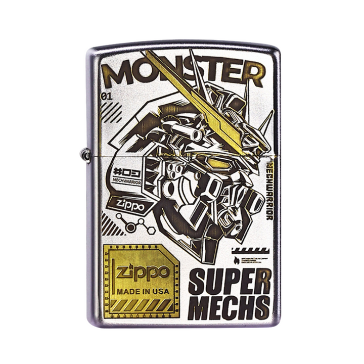 Front view of Zippo lighter featuring Gundam-style Super Mechs design with gold accents and Mechwarrior Monster engraving