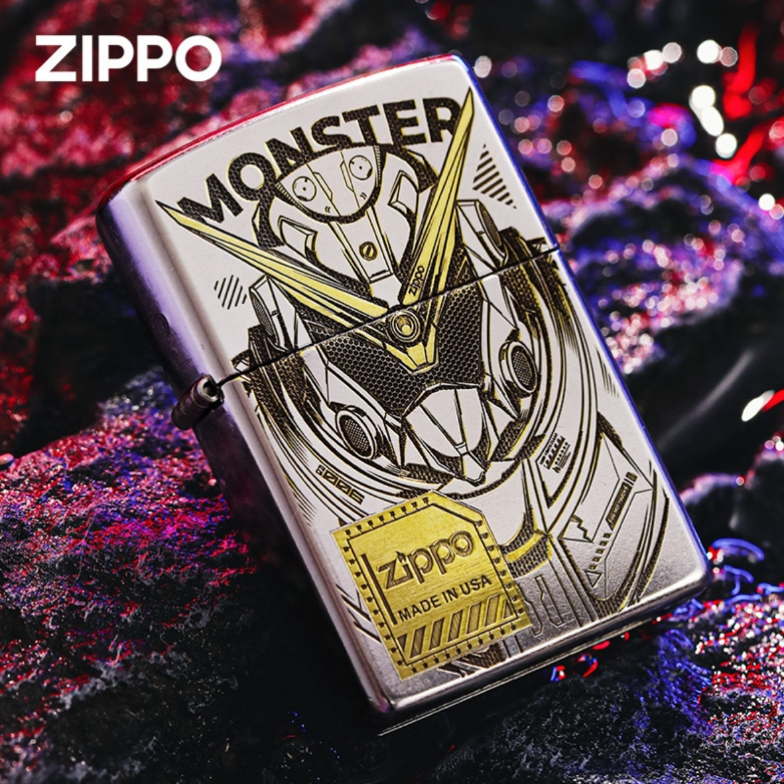 Gundam Monster Zippo – Genuine Deep Carved Gold Mech Lighter