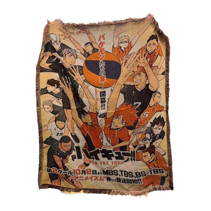 Haikyuu woven blanket featuring Karasuno and Inarizaki teams from To the Top anime season, volleyball theme throw blanket