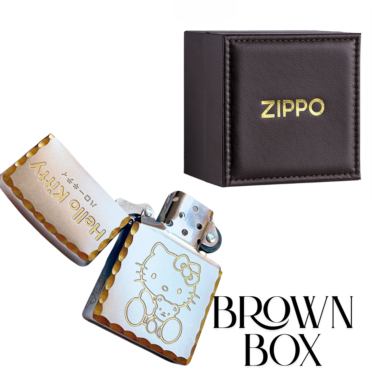 H.e.llo K.i.tt.y Zippo Lighter Deep Engraved Gold Chrome Finish