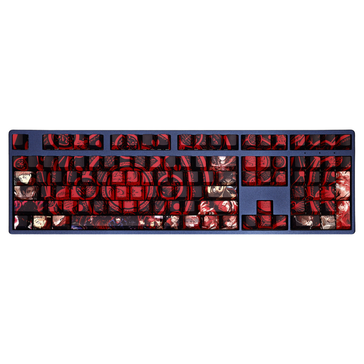Custom Jujutsu Kaisen keyboard with Sukuna, Gojo and Itadori keycaps in red and black design, anime-themed keycap set