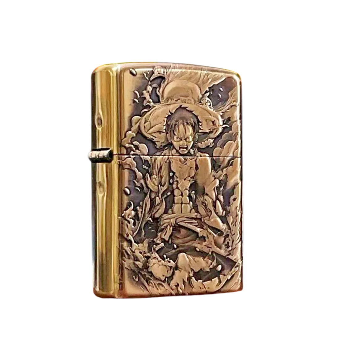 Front view of copper engraved Zippo lighter featuring Monkey D. Luffy from One Piece anime, collectible gift for manga fans