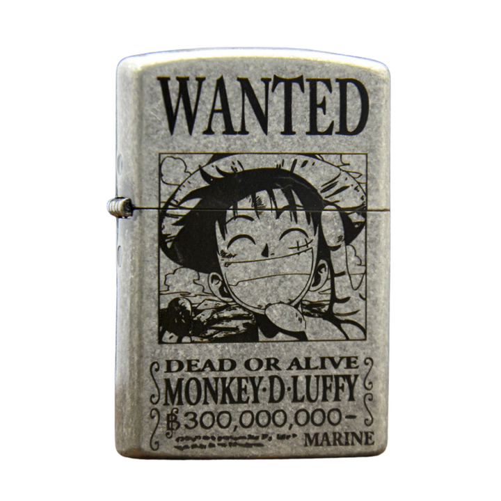 Metal Luffy lighter with engraved Monkey D. Luffy Wanted Poster design from One Piece anime
