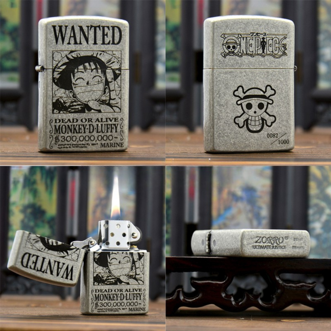 O.ne P.ie.ce Lu.ff.y Wanted Poster Lighter Antique Silver Zorro Lighter