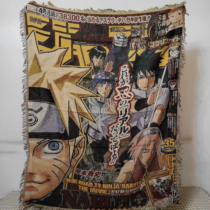 Naruto woven blanket featuring Naruto, Sasuke and Hinata in Road to Ninja anime movie cover design, manga throw blanket