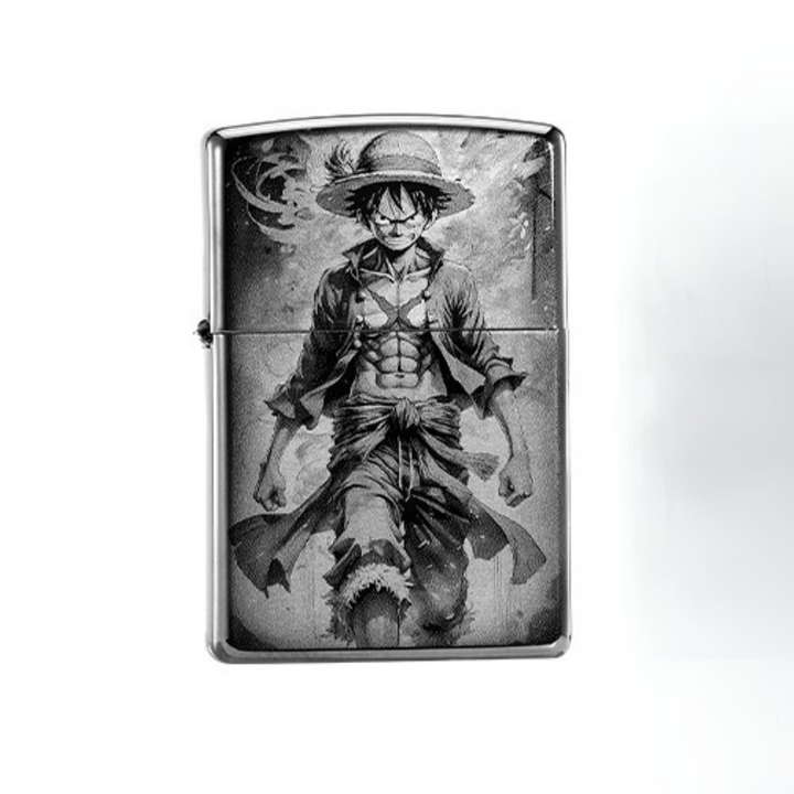 Black and white Zippo lighter with Monkey D. Luffy engraved design from One Piece anime, collectible lighter for fans