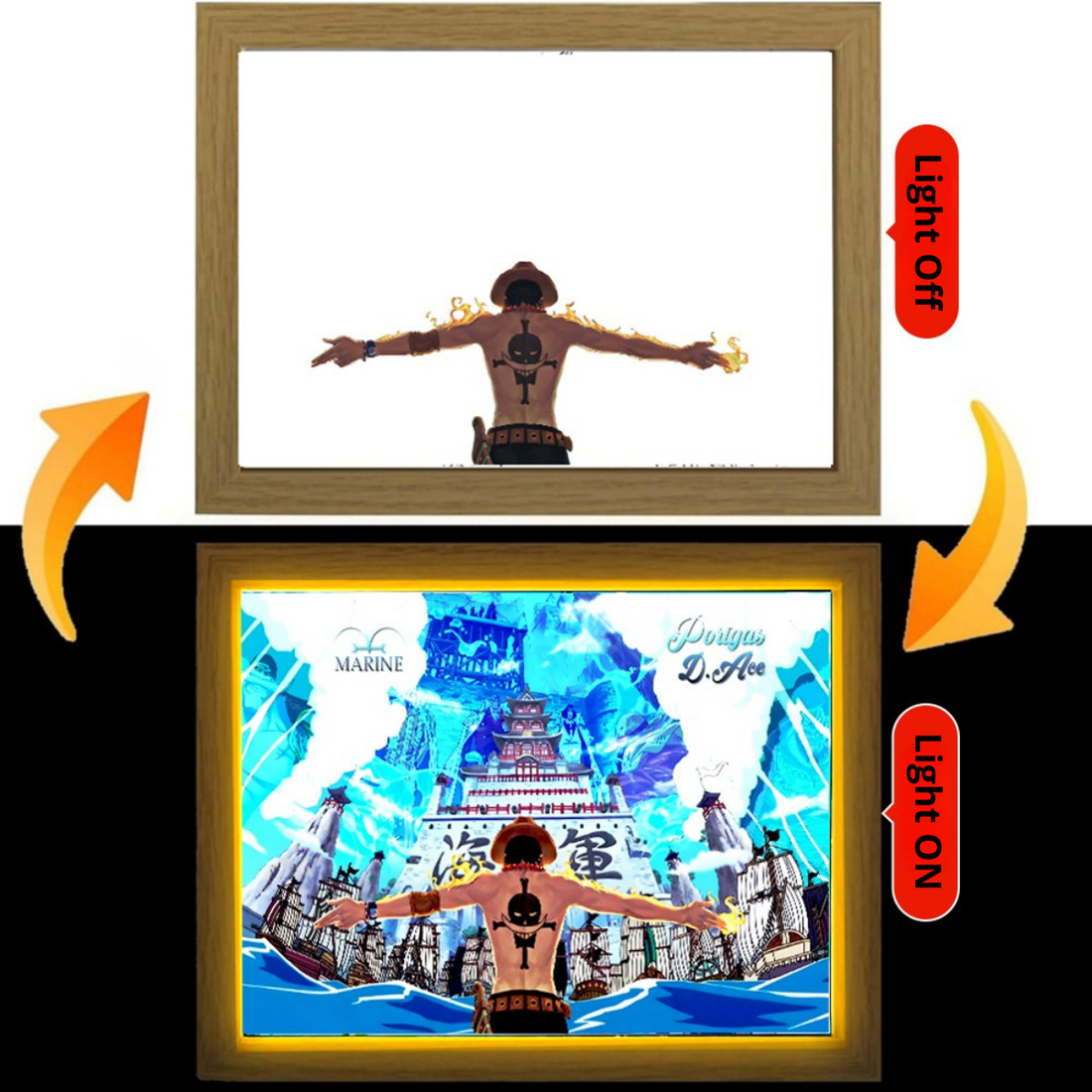 Portgas D. Ace One Piece LED light frame anime wall art, light on and off display, unique gift for anime fans
