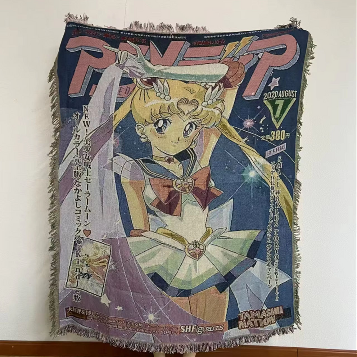 Sailor Moon woven blanket featuring Usagi Tsukino in anime magazine cover design, colorful and nostalgic throw