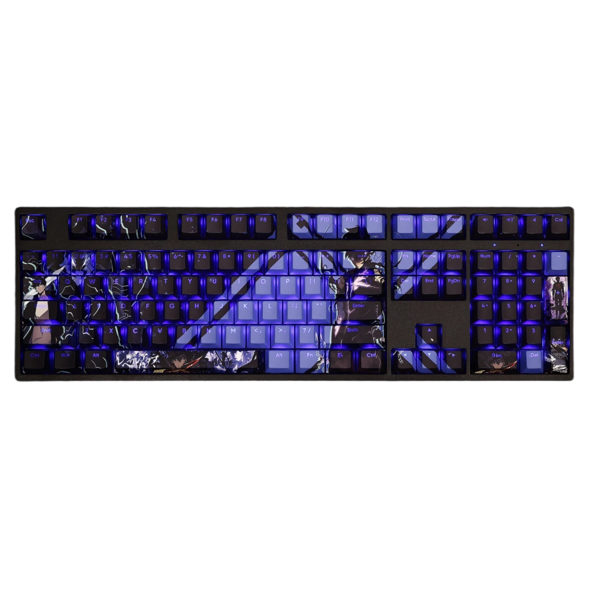 Full-size mechanical keyboard with Solo Leveling themed keycaps in blue, featuring Sung Jin-Woo anime character design