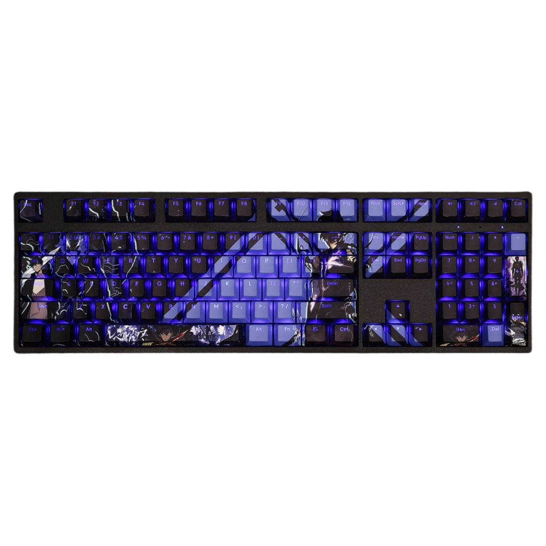 Full-size mechanical keyboard with Solo Leveling themed keycaps in blue, featuring Sung Jin-Woo anime character design