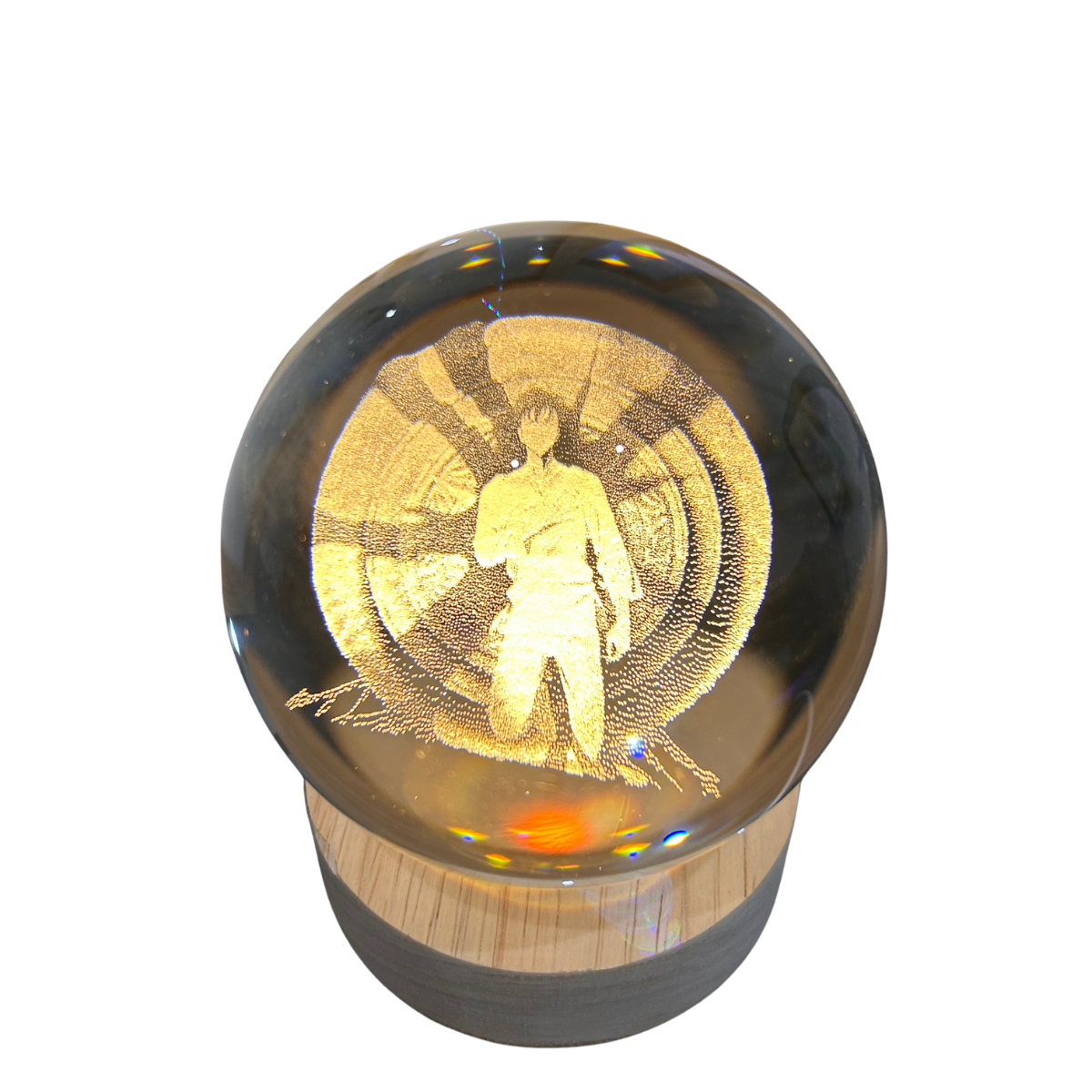 2D engraved crystal ball featuring Solo Leveling character design, illuminated anime decoration