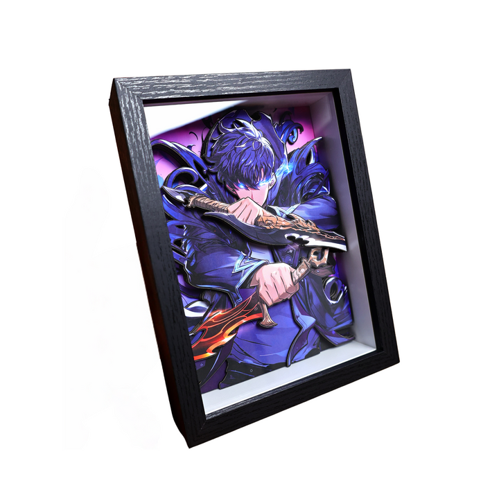 3D shadow box frame featuring Sung Jin-Woo from Solo Leveling anime, wall art gift for fans
