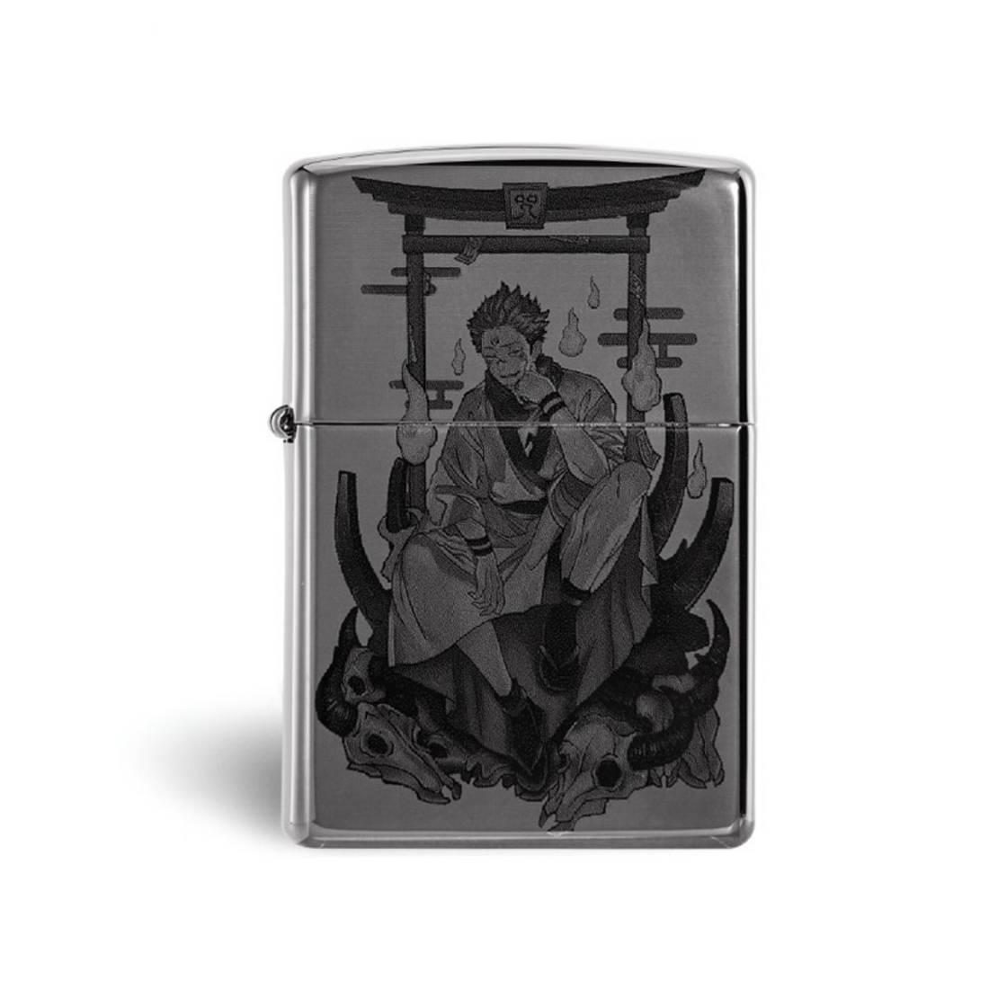 Zippo black ice engraved lighter featuring Sukuna from Jujutsu Kaisen anime, front view collectible design