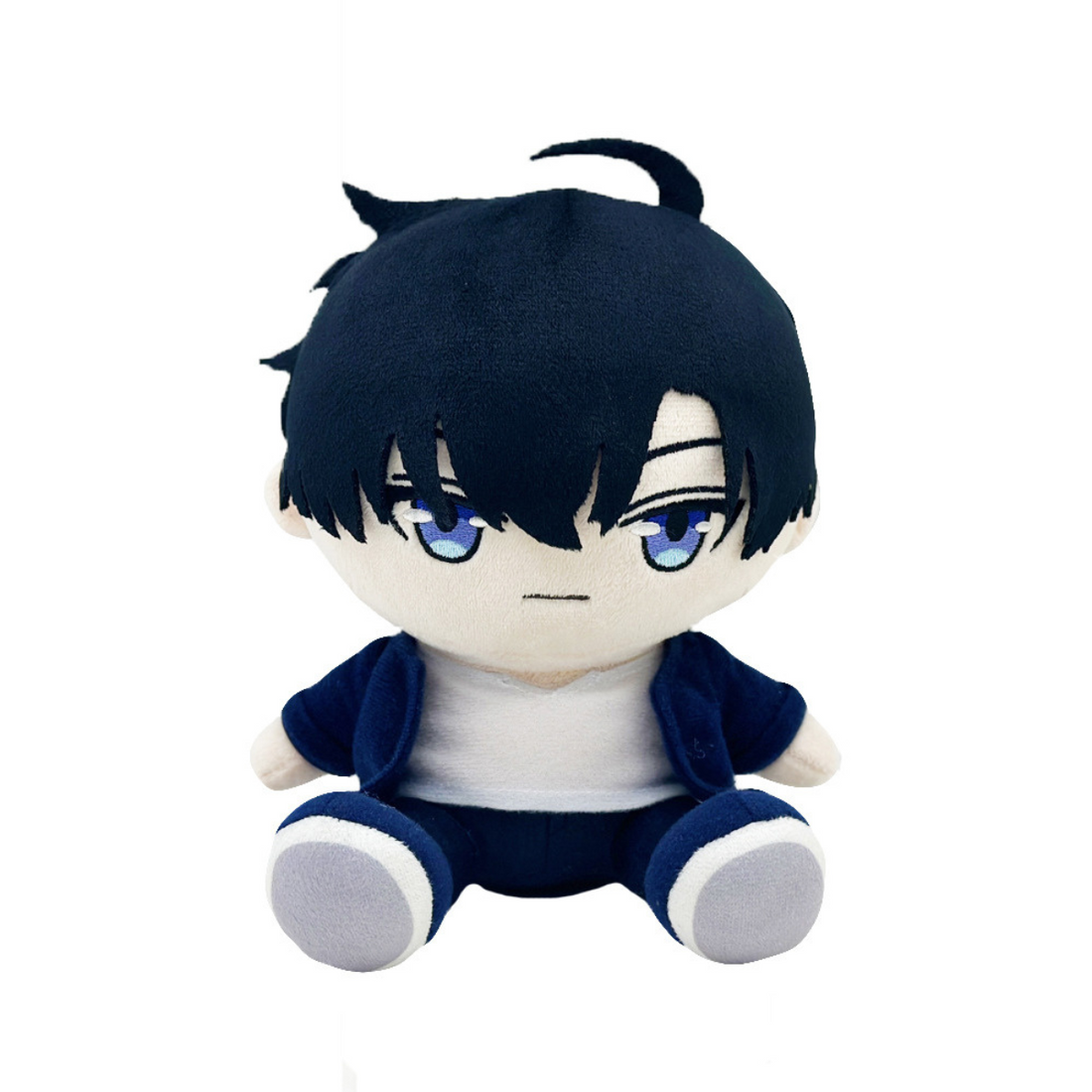 Cute plush toy of Sung Jin-Woo from Solo Leveling anime in chibi style with navy outfit