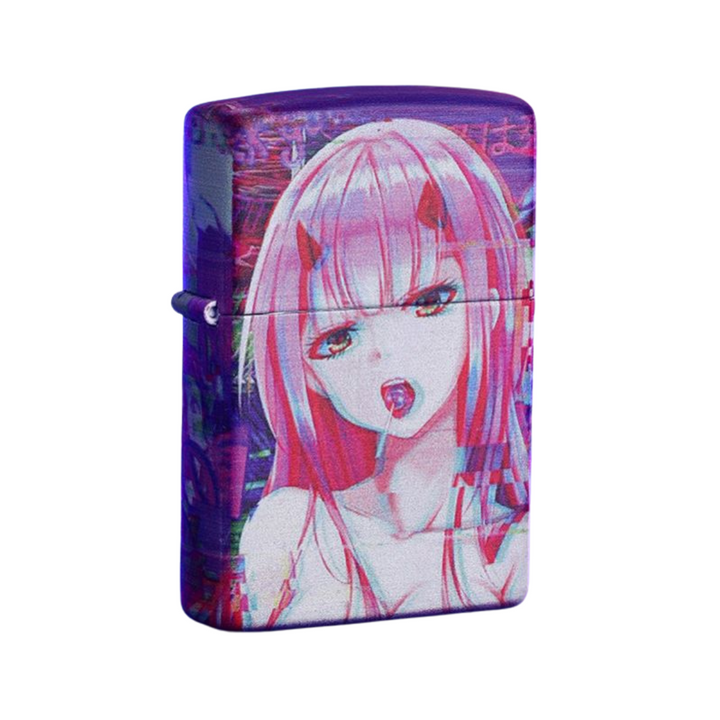 Zippo lighter featuring Zero Two from Darling in the Franxx anime with glitch vaporwave aesthetic