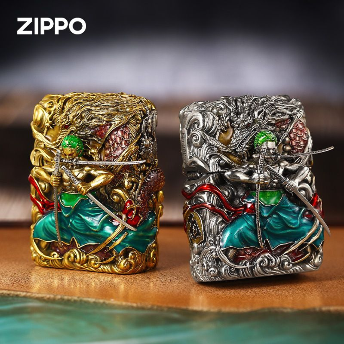 Front view of two Zippo armor lighters with luminous 3D Roronoa Zoro design, gold and silver dragon relief