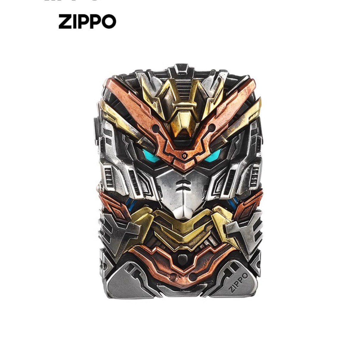 Front view of Zippo armor lighter with 3D Gundam mecha design in gold, silver, and bronze colors