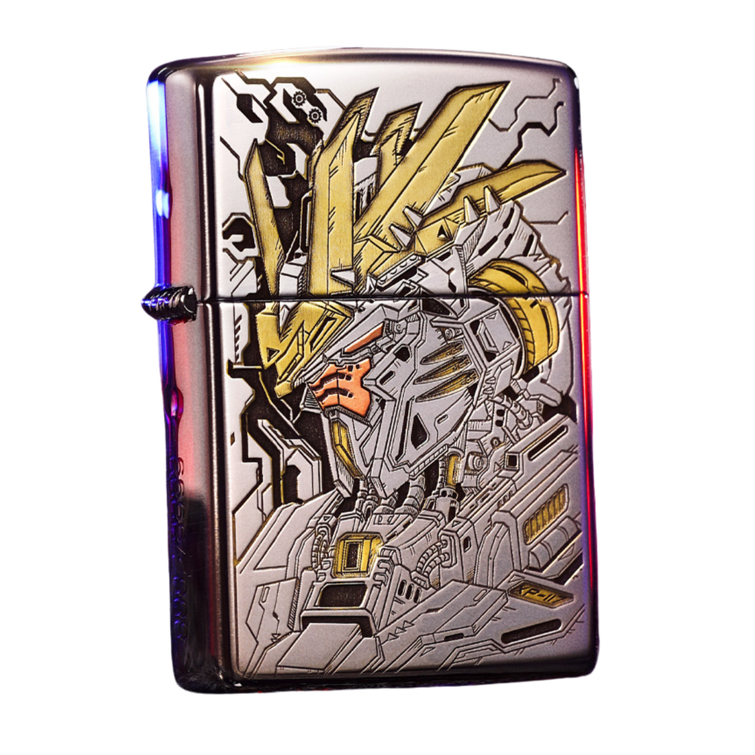 Front view of engraved Zippo lighter featuring Gundam mecha design in gold and silver tones