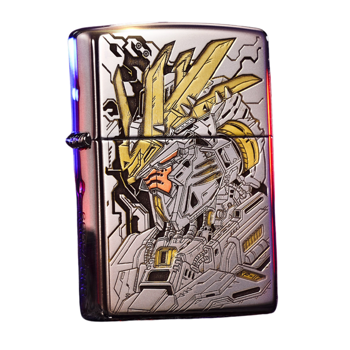 Front view of engraved Zippo lighter featuring Gundam mecha design in gold and silver tones