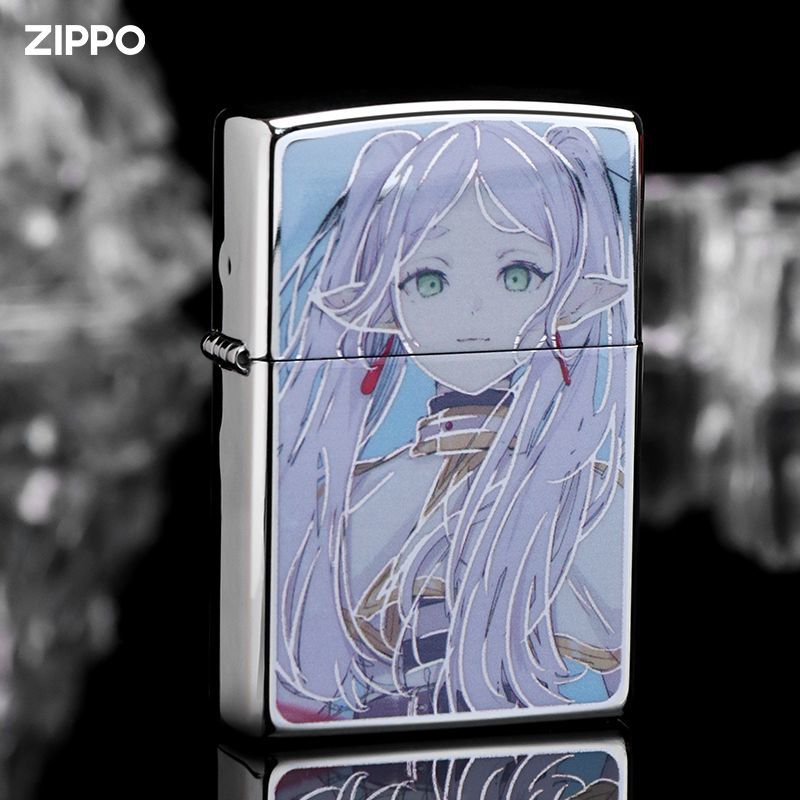 Front view of a Zippo lighter featuring a high-quality print of Frieren from the anime "Frieren: Beyond Journey's End".
