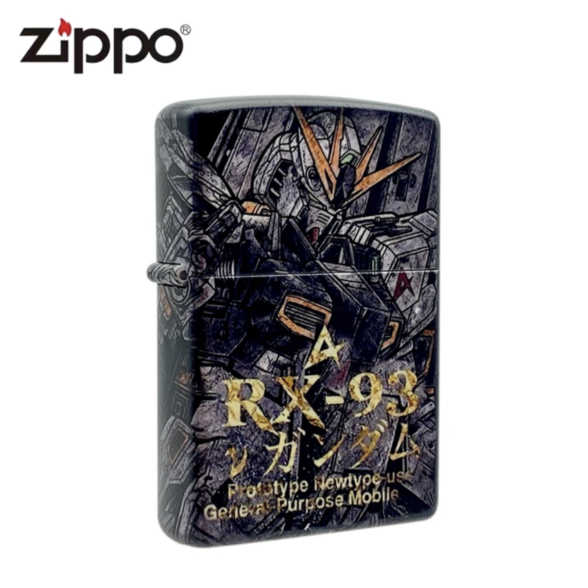 Front view of a Zippo lighter featuring a detailed printed design of Gundam RX-93 anime artwork, with dark colors and bold text.