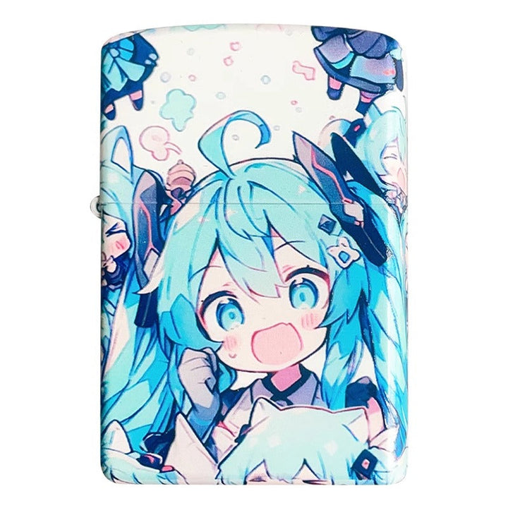 Front view of a Zippo lighter featuring a vibrant, colorful printed design of anime character Hatsune Miku.