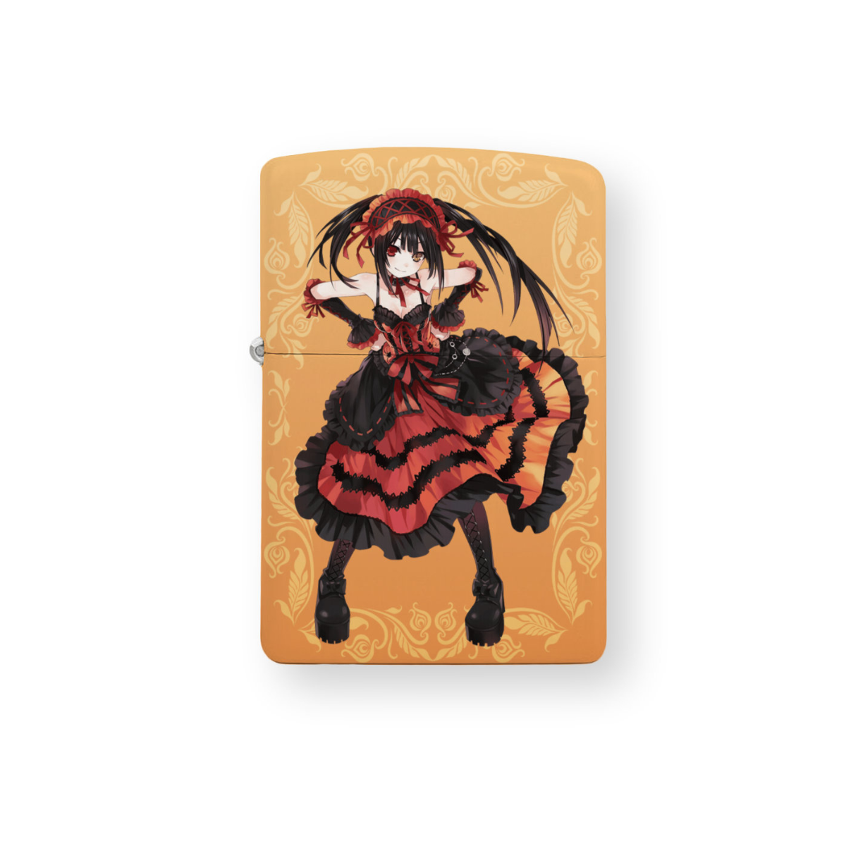Front view of a Zippo lighter featuring a detailed printed image of Kurumi Tokisaki from the anime Date A Live on an ornate orange background.