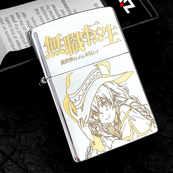 Front view of a Zippo lighter engraved with Roxy Migurdia from the anime Mushoku Tensei, detailed in gold on a silver metallic finish.