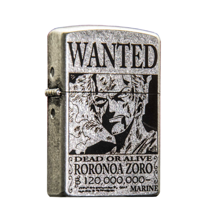 Metal Zorro lighter featuring engraved Roronoa Zoro Wanted Poster design from One Piece anime
