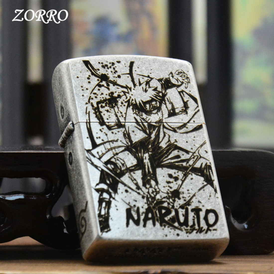 Front view of Zorro lighter engraved with Naruto anime character in battle stance, collectible engraved metal finish