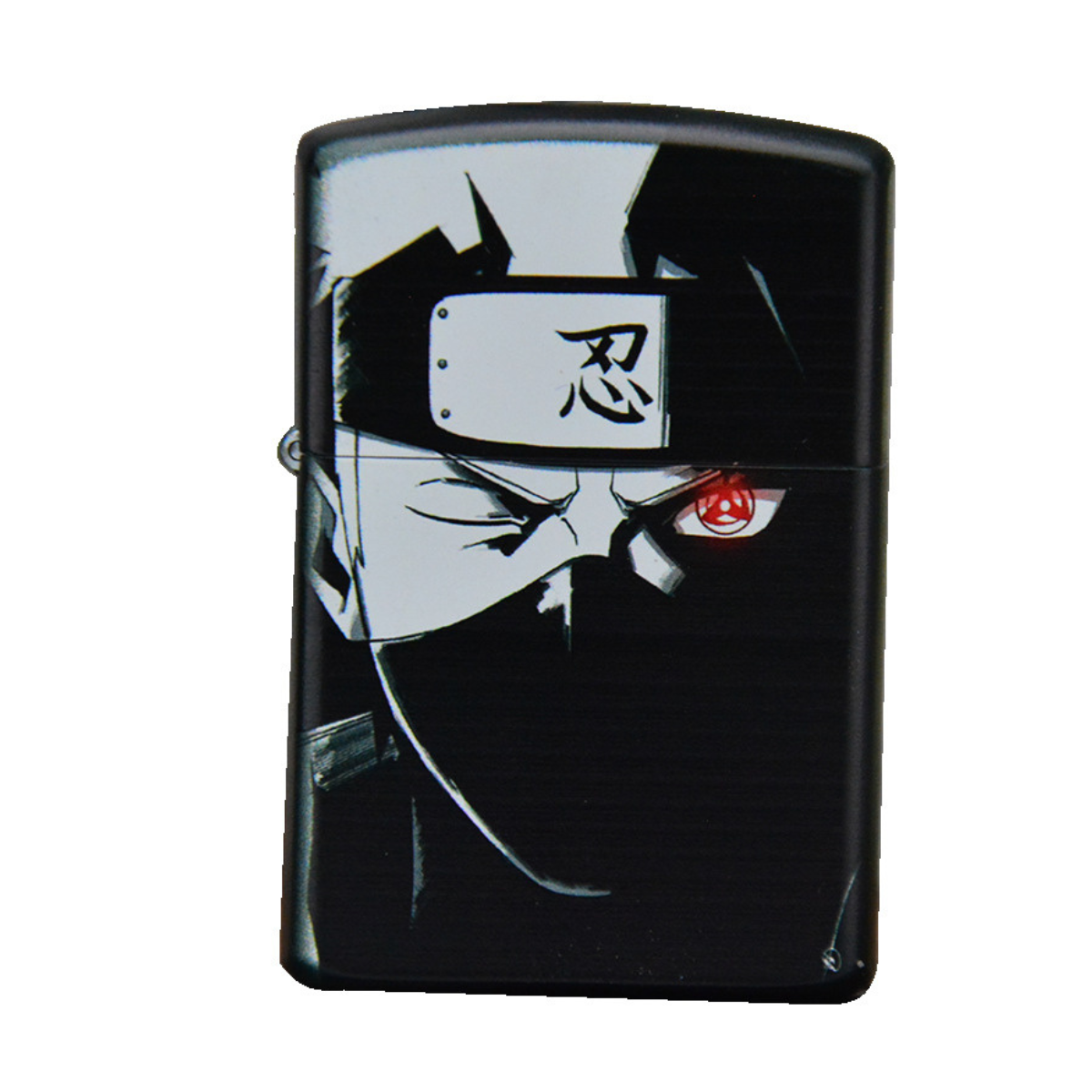 Front view of a Zorro lighter featuring a printed design of Kakashi Hatake from Naruto, with his Sharingan eye visible and ninja headband.