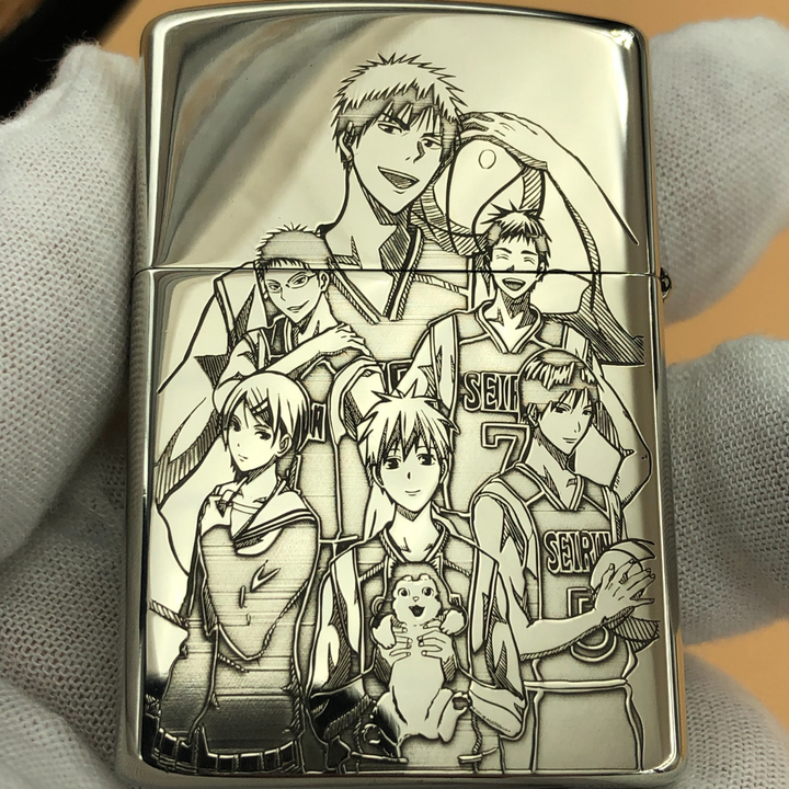 Front view of a Zorro lighter featuring deep engraved artwork of Kuroko and Seirin basketball team from the anime Kuroko no Basketball.