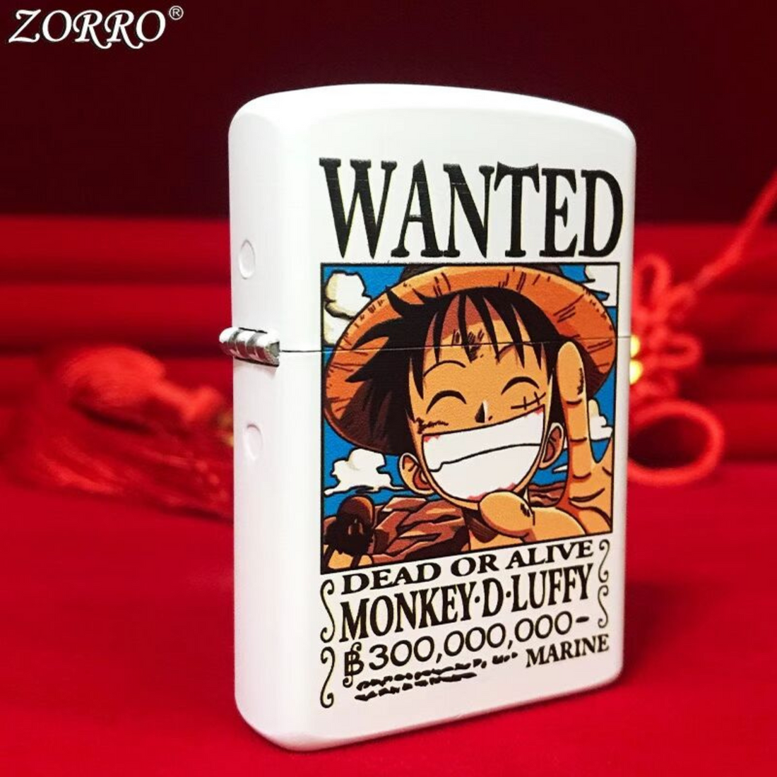 Front view of Zorro printed lighter featuring Monkey D. Luffy wanted poster from One Piece, colorful anime collectible