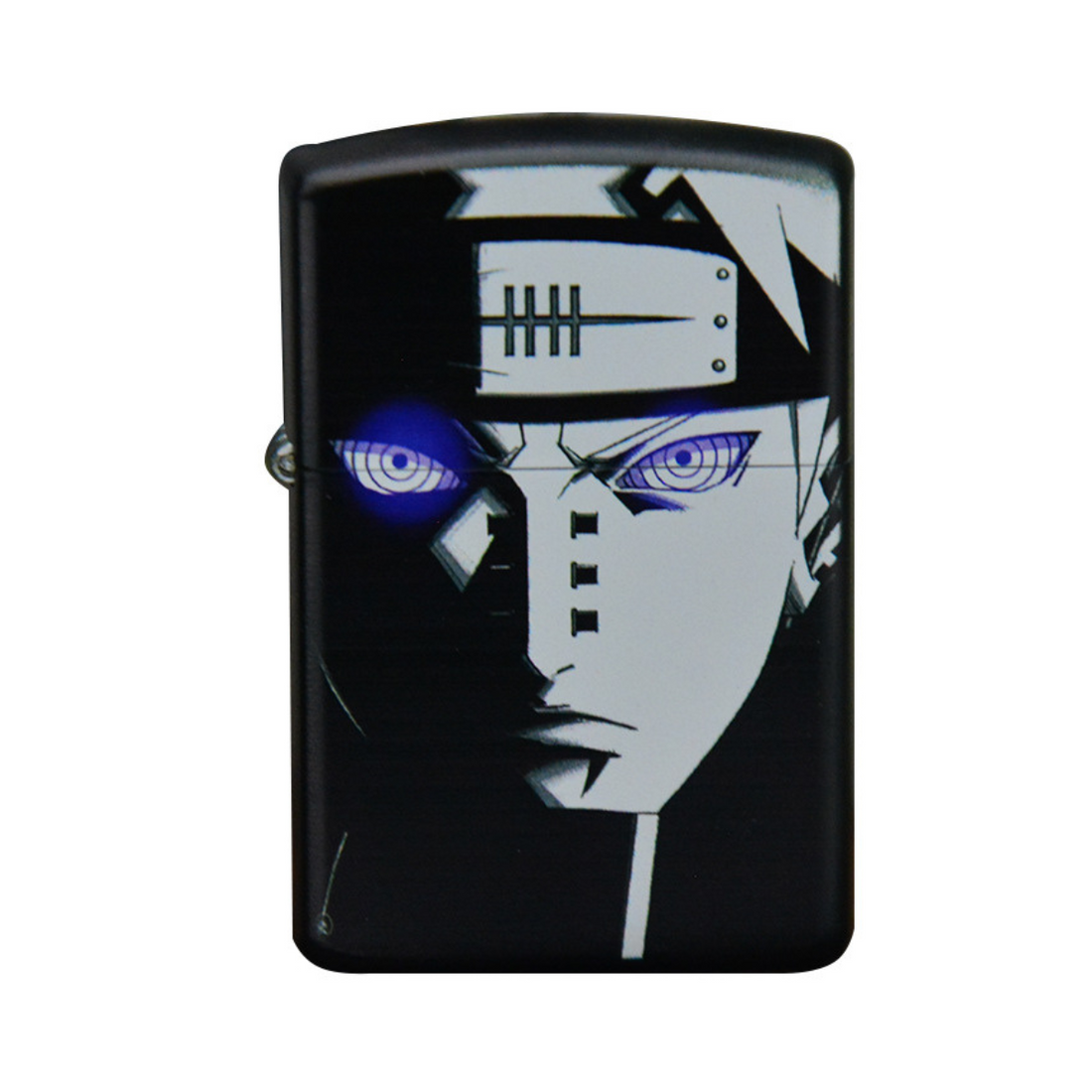 Front view of a Zorro lighter featuring a printed design of Pain from Naruto, showcasing his iconic Rinnegan eyes and ninja headband.