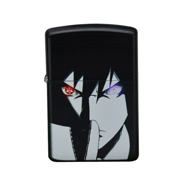 Front view of a Zorro lighter featuring a printed design of Sasuke Uchiha from Naruto, highlighting his Sharingan and Rinnegan eyes.
